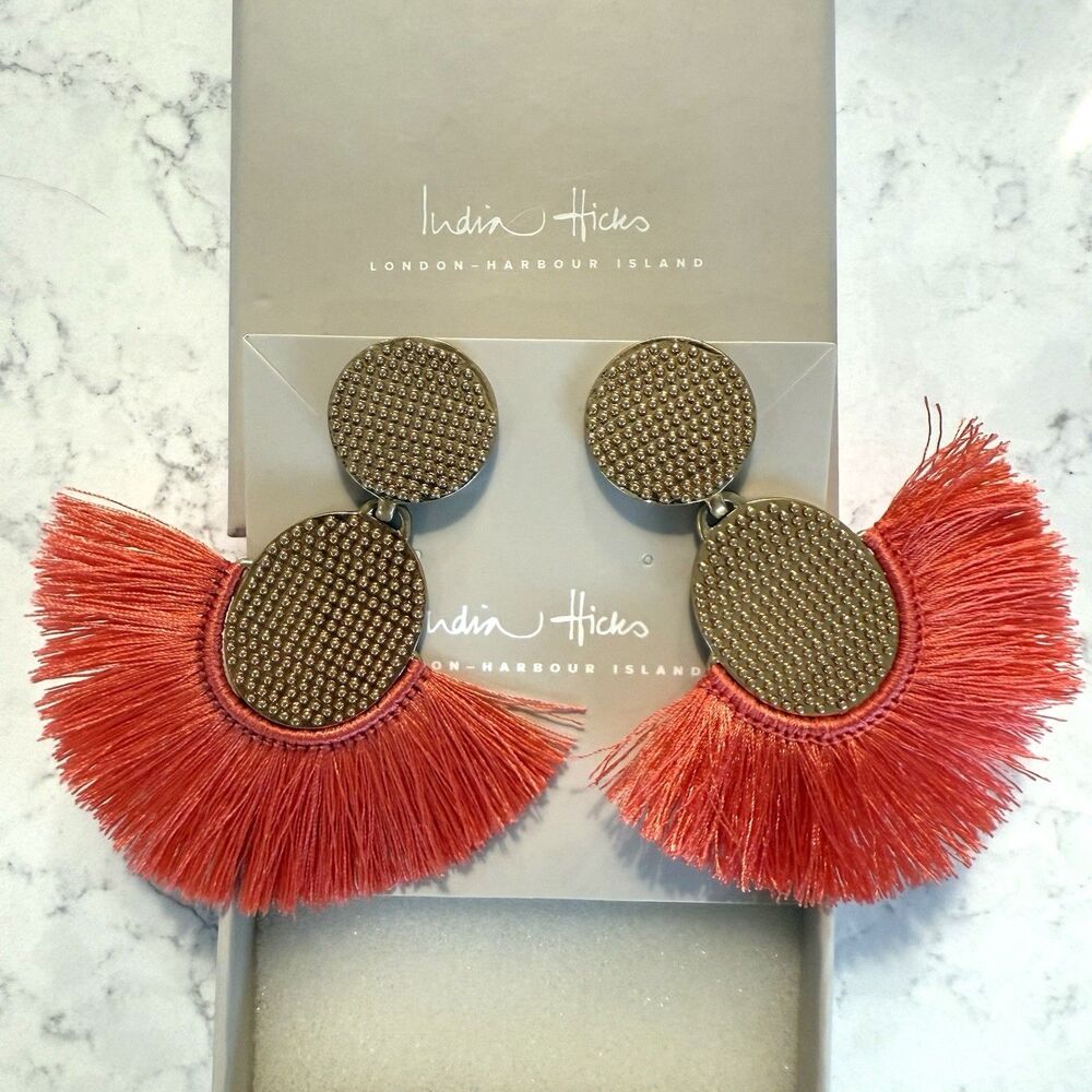 India Hicks Dramatic Earrings Flamingo/Coral Fringe Gold Plated Stunners NWB